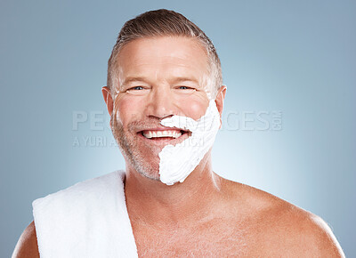 Buy stock photo Shaving cream, portrait and happy old man in studio for skincare, grooming or beauty on grey background. Face, foam and hair removal for mature model smile for luxury, skin or beard product isolated