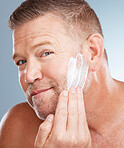 Old man, portrait and shaving cream product in studio for skincare, grooming and grey background. Face, foam and skin treatment by mature male model relax with luxury, hair removal and beard care