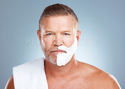 Buy stock photo Portrait, shaving cream and old man in studio for skincare, grooming and beauty on grey background. Face, product and hair removal for mature model relax with luxury, skin and beard foam isolated