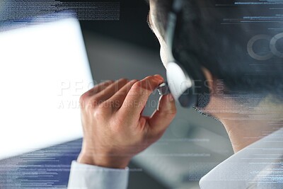Buy stock photo Hand, call center and overlay with a man consulting in a support office using his laptop from the back. Customer care, contact and digital with a male reading information or data while consulting 