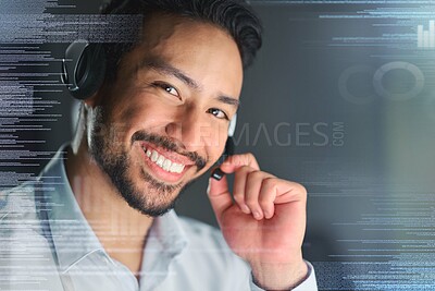 Buy stock photo Call center, overlay and portrait of man for customer support, telemarketing and crm networking. Communication hologram, contact us and face of consultant smile for help, friendly service and trust