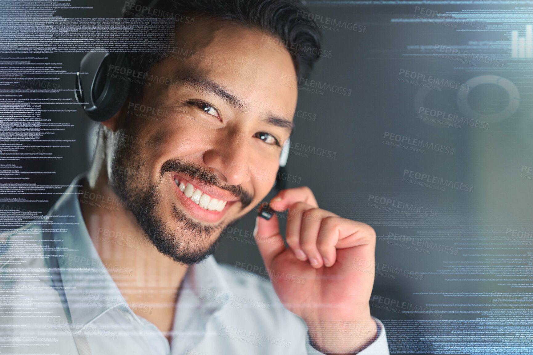 Buy stock photo Call center, overlay and portrait of man for customer support, telemarketing and crm networking. Communication hologram, contact us and face of consultant smile for help, friendly service and trust