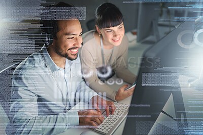 Buy stock photo Man, woman and computer in night with overlay, smile and coaching for tech support, data analytics or web. Teamwork, learning and crm training with 3d holographic for collaboration, typing and job