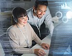 Woman, man and night by computer with overlay, smile and coaching for tech support, data analytics or web. Teamwork, learning and crm training with 3d holographic for collaboration, typing and job