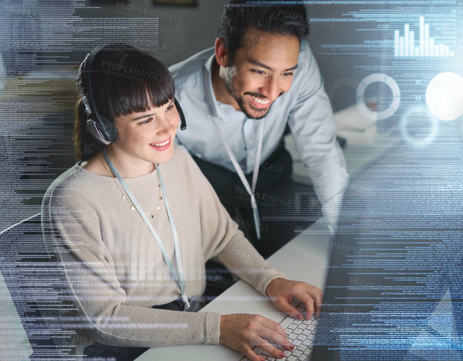 Buy stock photo Woman, man and night by computer with overlay, smile and coaching for tech support, data analytics or web. Teamwork, learning and crm training with 3d holographic for collaboration, typing and job