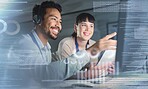 Call center, customer support overlay and team on computer for telemarketing, crm tech and networking. Communication hologram, contact us and man and woman working online, consulting and help client