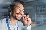 Call center, digital overlay and face of man on computer in customer support, telemarketing and crm network. Communication hologram, contact us and male with headset help, smile and consulting client