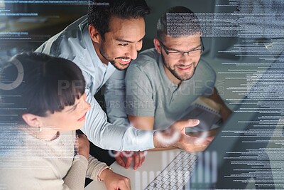 Buy stock photo Business people, coding team and information technology with computer screen, programming and software development. Code overlay, futuristic and collaboration, meeting with programmer group in office