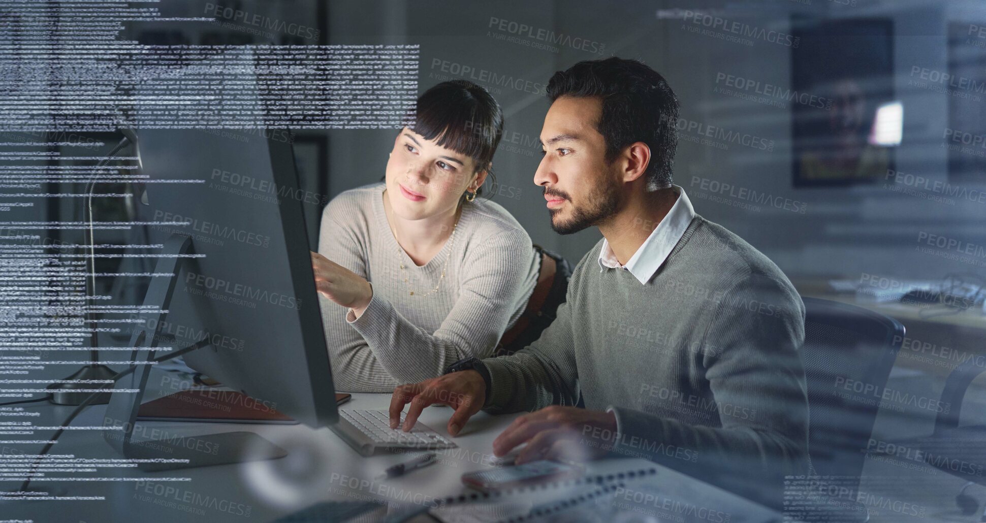 Buy stock photo Business people, code with collaboration and information technology, computer for coding, partnership and overlay. Software development, team meeting and man with woman in office, focus and typing