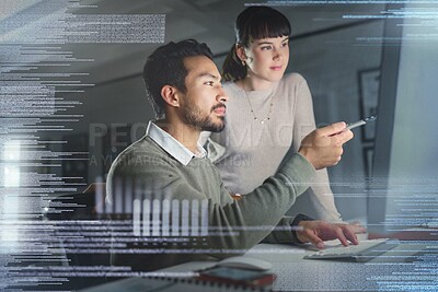 Buy stock photo Business people, coding with partnership and information technology with computer screen, collaboration and code  overlay. Software development, team and man with woman in office, focus and meeting