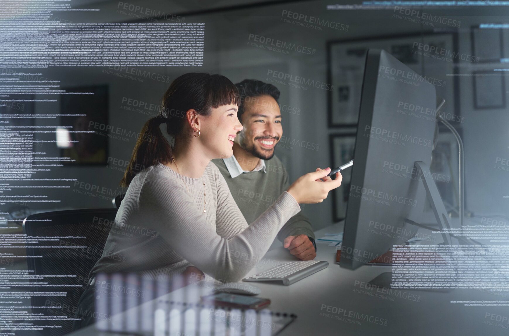 Buy stock photo Teamwork, computer hologram and people with data analytics, cyber security research and cloud computing. Coding, programming and developer woman with partner for software strategy, planning at night