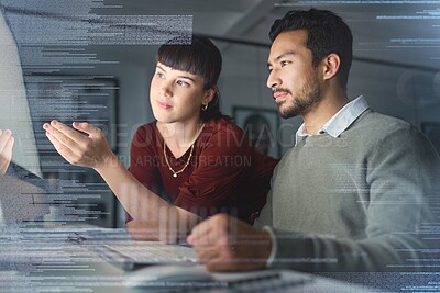 Buy stock photo Code, manager help employee and programming with hologram, explain process and system to agent. Woman speaking to Asian man, coding and holograph with IT specialist, cyber security or cloud computing
