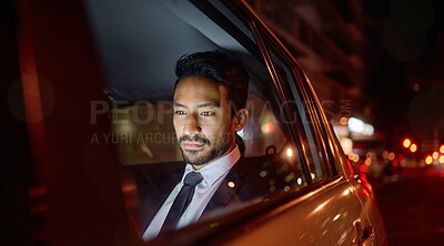 Buy stock photo Night, travel and business man in car relaxing, commuting and traveling after working. Transport, road and young male professional, passenger or businessman sitting in vehicle, motor or taxi in city.