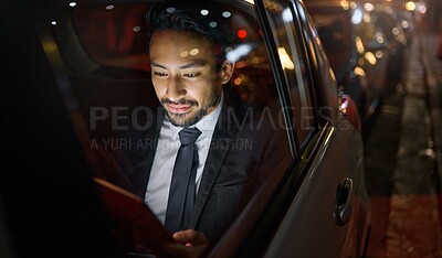 Buy stock photo Travel, tablet and business man in car on social media, internet browsing or working. Transport, night and young male professional with digital technology for networking, web scrolling or research.