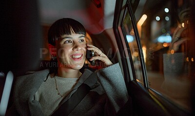 Buy stock photo Travel, phone call and business woman in car chatting, talking or speaking to contact. Transport, night and happy female professional with mobile smartphone for networking, discussion or conversation
