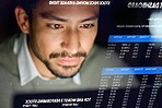 Business man, dashboard and stock market hologram for trading, investment and stocks. Face, future overlay and male with digital ui or ux for financial app or software for profit growth at night.