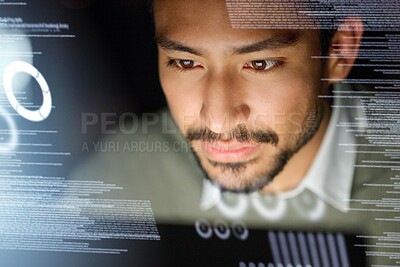 Buy stock photo Data, business man and futuristic overlay for trading, investment and stock market. Face, future analytics and male with digital ui, ai and ux for financial app, software or information at night.