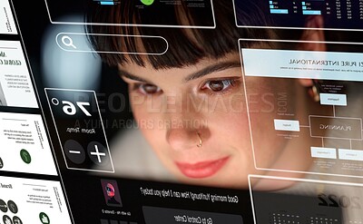 Buy stock photo Web design, search and woman with an interface for planning, software development and user system. Website, looking and face of a programmer reading information on a screen for information technology