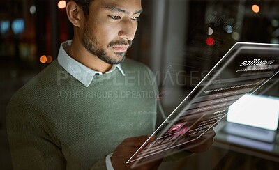 Buy stock photo Business man, tablet and hologram in office for social media, web browsing or music at night. Futuristic, 3d and male with digital ui, ai or ux app or software for streaming album in dark workplace.