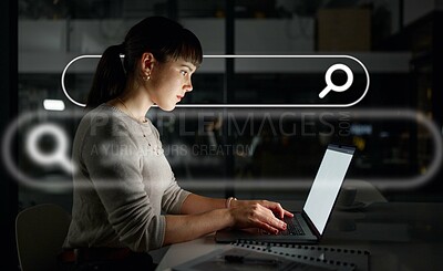 Buy stock photo Night, overlay or woman typing to research web design on internet, website or online on laptop in office. Digital, iot or employee reading SEO information in overtime in dark workplace for big data