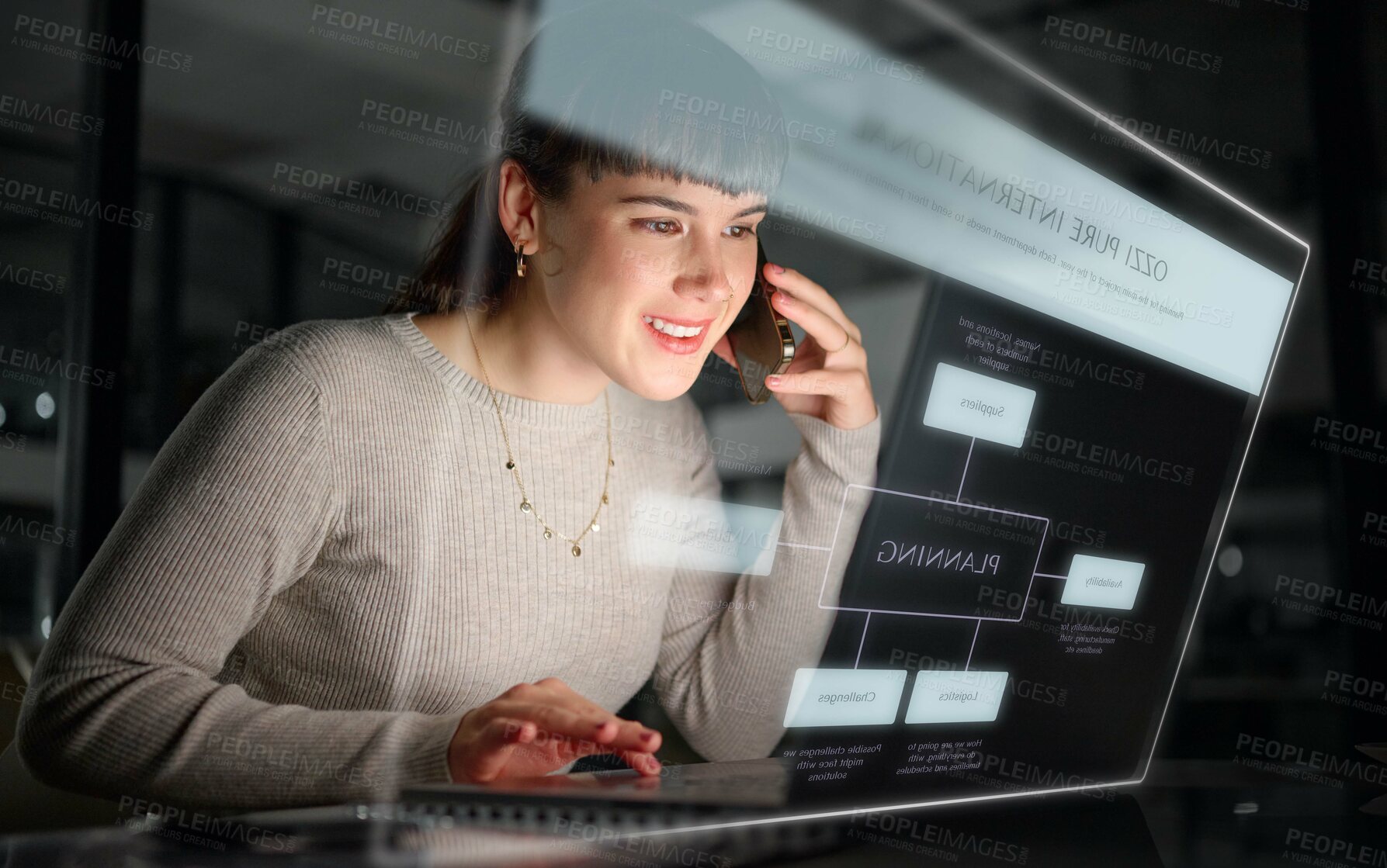 Buy stock photo Phone call, overlay or woman planning a business agenda data or goals on digital notes or diary at night. Laptop, talking or happy girl networking or researching on 3d technology or hologram screen