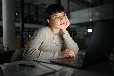 Buy stock photo Depression, bored or woman typing on laptop for online report, research or business proposal in an office. Burnout, lazy or tired worker reading sad news online, email or scrolling on social media 