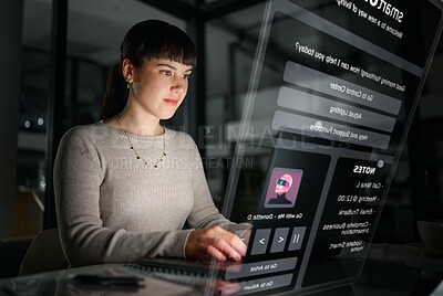Buy stock photo Overlay, night or woman typing a schedule online, planning goals on digital notes or diary in a smart office. Person networking or researching on a futuristic 3d technology app or hologram screen