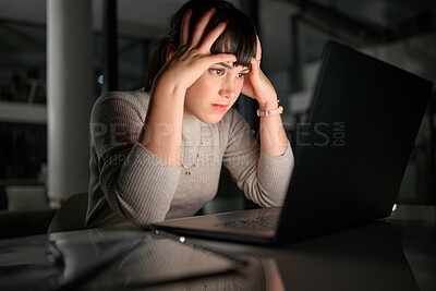 Buy stock photo Laptop, cybersecurity or woman with stress, anxiety or worry from bad mistake or problem online. Data problem, 404 error or frustrated worker stressed by a financial loss on screen at night in office