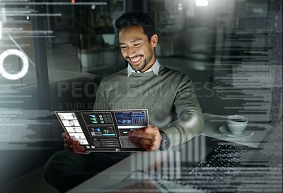 Buy stock photo Businessman, futuristic tablet and analytics at night for digital analysis, statistics or data planning at office. Male employee with future touchscreen interface for company strategy on dark overlay