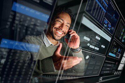 Buy stock photo Dashboard, stock market overlay or man on a phone call talking about trading data or investment stocks. Hologram, smile or happy trader with digital ui or ux on software for financial growth at night