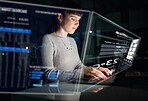 Database, stock market hologram or woman typing to research trading, investment growth or stocks.  Future overlay or trader with digital ui or ux on financial website or software for profit at night