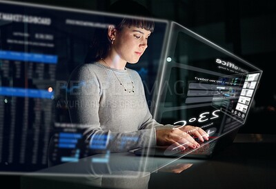 Buy stock photo Database, information technology hologram or woman typing to research web design in a smart office. Future overlay or developer with digital ui or ux on a website or software for innovation at night