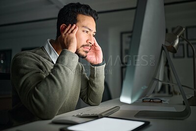 Buy stock photo Business man, computer stress and headache in office while working on project deadline at night. Mental health, burnout and male employee on pc with anxiety, depression or migraine in dark workplace.