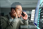 Stress, dashboard or stock market or man on a phone call for trading data, bad investment or global stocks. Anxiety, debt or worried trader with digital ui or ux on financial loss on screen at night