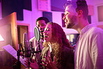 Woman, face or singing on neon studio microphone in backup singers album, song or radio recording. Artist, musician or friends in production sound, voice media or light label performance with lyrics