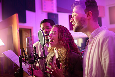 Buy stock photo Woman, face or singing group on neon studio microphone in backup singers album, song lyrics or radio recording. Artist, musician or friends in production sound, voice media or light label performance