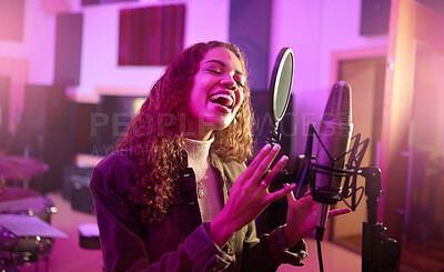 Buy stock photo Musician, singing or woman on neon studio microphone, music equipment or practice in night theatre recording. Singer, person or artist on production, voice media or sound performance in light theater