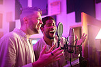 Men, face or singing on neon studio microphone for album, song or radio recording in night practice. Singer artist, musician or friends in production sound, voice media or light label collaboration