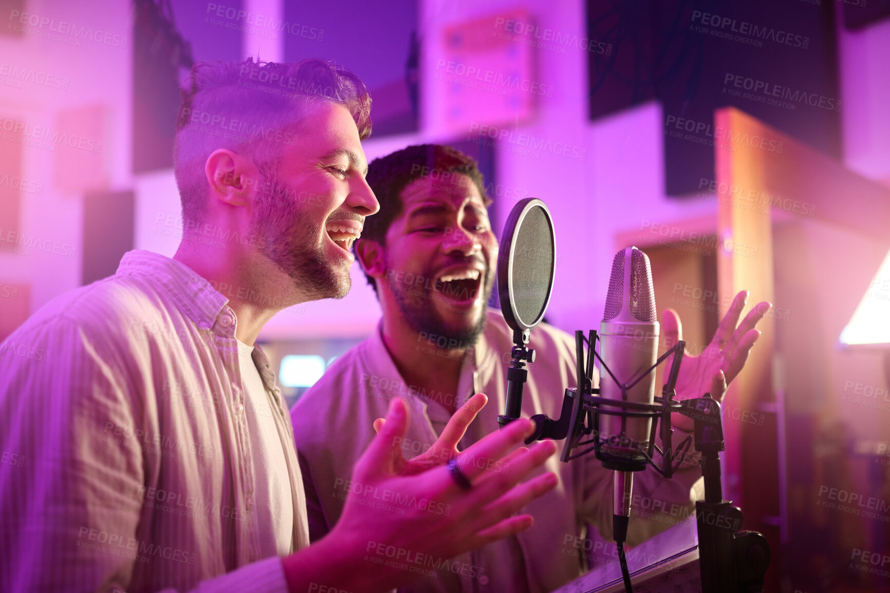 Buy stock photo Men, face or singing on neon studio microphone for album, song or radio recording in night practice. Singer artist, musician or friends in production sound, voice media or light label collaboration