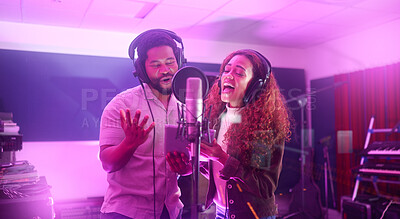 Buy stock photo Technology, singer or musicians on neon studio microphone or music lyrics app in night recording. Singing people, collaboration or artists on tablet production, voice media or light sound performance