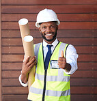 Architecture, construction and portrait of a black man with a thumbs up for building, success and win. Thank you, motivation and African engineer with a hand sign for engineering goal and maintenance