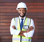 Black man, construction worker or arms crossed portrait with building planning ideas, industrial ideas or property vision. Smile, happy or architect engineer in confidence in architecture renovations