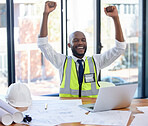 Man, construction worker or success fist for laptop vision, building planning deal or industrial property celebration. Smile, happy or winner architect and technology goals or blueprint achievement