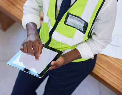 Buy stock photo Engineer, hands and man with tablet screen while online for planning, schedule and search for design. Construction, engineering or industrial mobile app with ux mockup space for website innovation