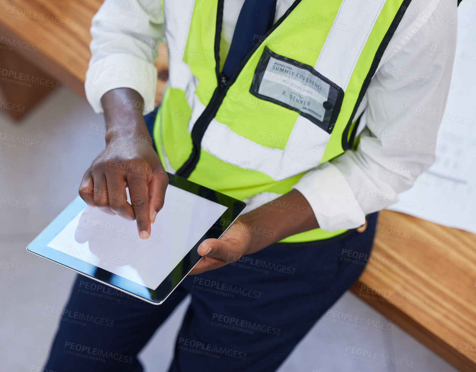 Buy stock photo Engineer, hands and man with tablet screen while online for planning, schedule and search for design. Construction, engineering or industrial mobile app with ux mockup space for website innovation