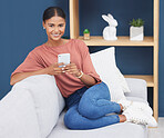 Portrait, black woman on sofa and smartphone for social media, connection or search internet in lounge. African American female, lady on couch or cellphone for typing, check website or online reading