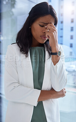 Buy stock photo Window, business and black woman with stress, burnout and overworked in office, depression or anxiety. African American female employee, ceo or entrepreneur with headache, mental health or frustrated