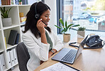 Virtual assistant, call center woman and laptop for communication, telemarketing or consulting in office. Business agent, consultant talk or corporate financial advisor person on computer video call