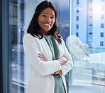 Window, portrait or black woman arms crossed, smile or confident manager in modern office, leadership or innovation. African American female leader, entrepreneur and ceo with happiness and management