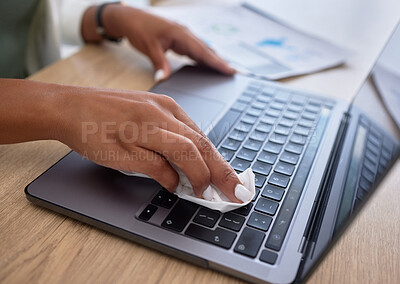Buy stock photo Dust, cleaning and hands on laptop by woman in office, hygiene or clean working space. Bacteria, control by hand of lady remove, wipe or keyboard for workplace, compliance or covid, safety or protect